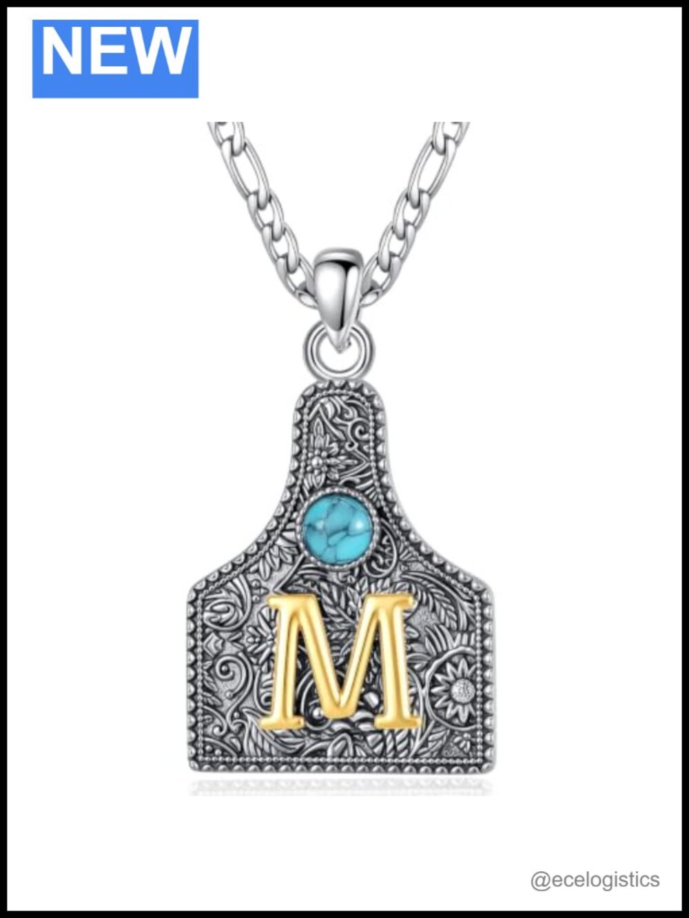 Western Cow Tag Initial Necklace Turquoise 18K Gold Plated Silver Plated Copper